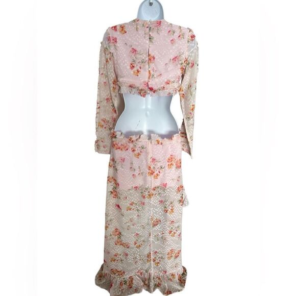 DARK PINK London Floral Print Ruffle  Waist Cut-out Long Sleeves Open Back Sz S - Picture 4 of 10